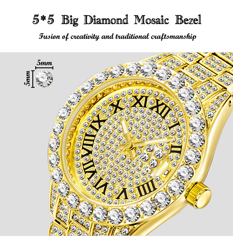 Diamond Inlaid Waterproof Calendar Full Bore Luminous Women's Quartz Watch