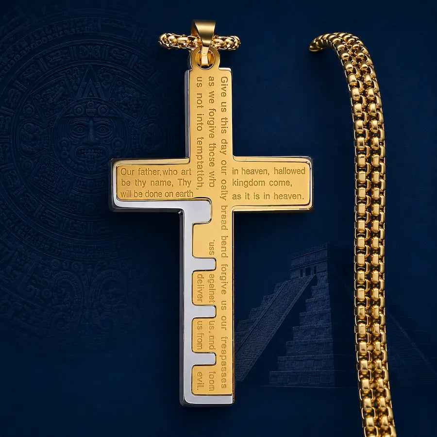 Cruz del Padre Nuestro dorada con oración grabada — cierre de colección