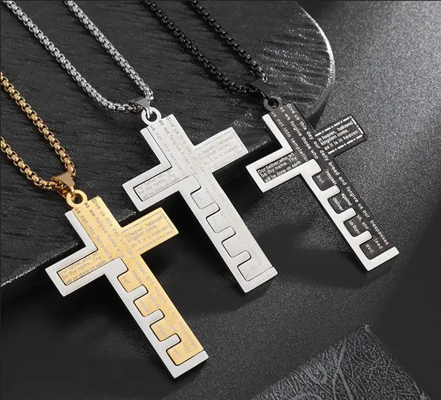 Colección Cruz del Padre Nuestro en Dorado, Plata y Negro — acero premium