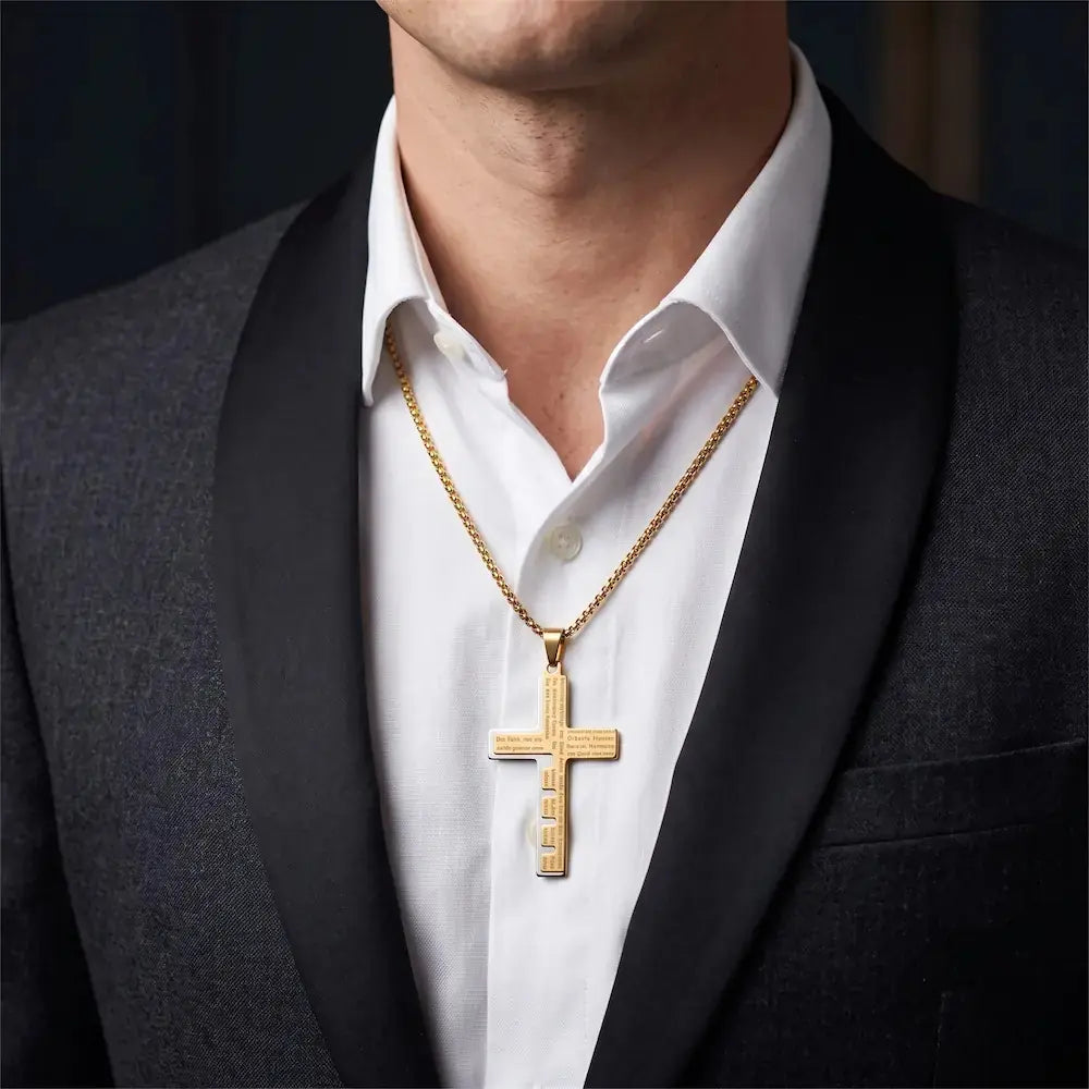 Hombre elegante usando la Cruz del Padre Nuestro en acero inoxidable 316L color oro, joyería masculina premium con grabado de fuerza, fe y significado.