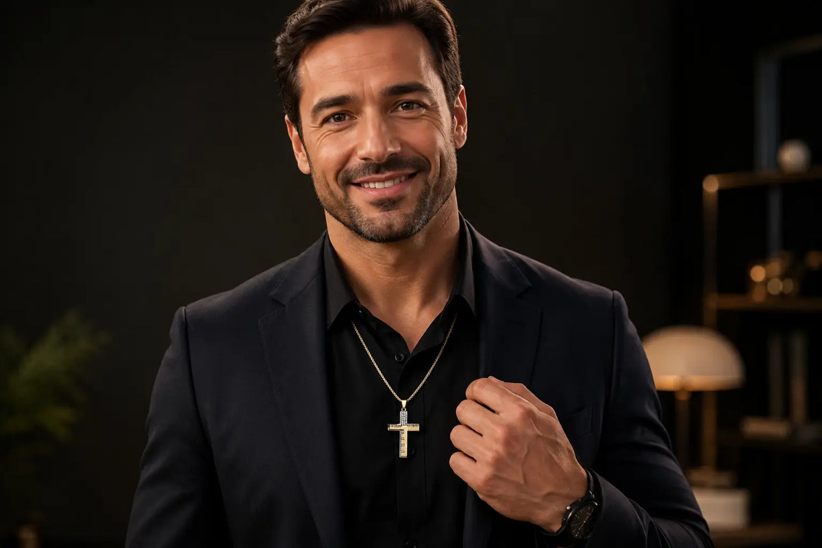 Hombre elegante con traje usando la Cruz del Padre Nuestro en acero inoxidable, joyería masculina premium con símbolo de fe, protección y significado.