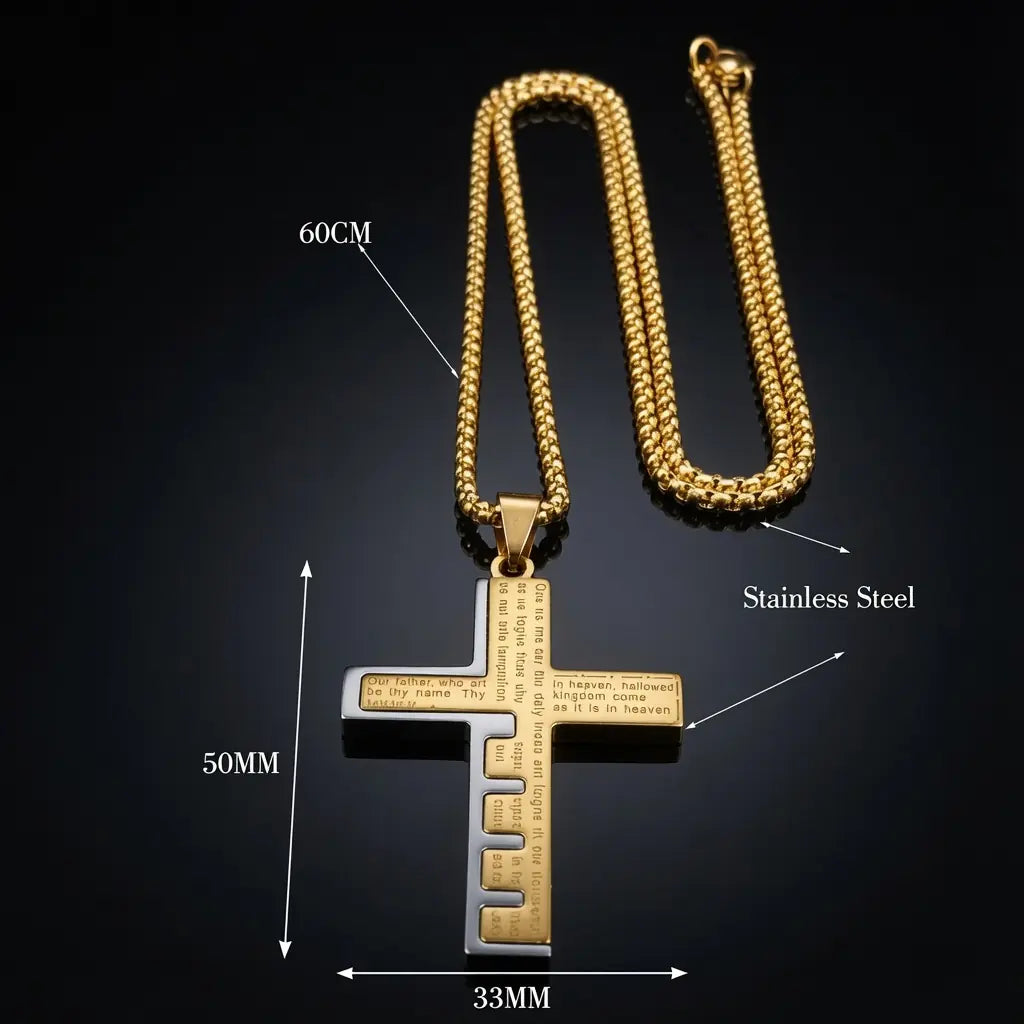 Medidas de la Cruz del Padre Nuestro: cadena de 60 cm y cruz de 50 × 33 mm en acero inoxidable. Disponible en colores oro, plata y negro.